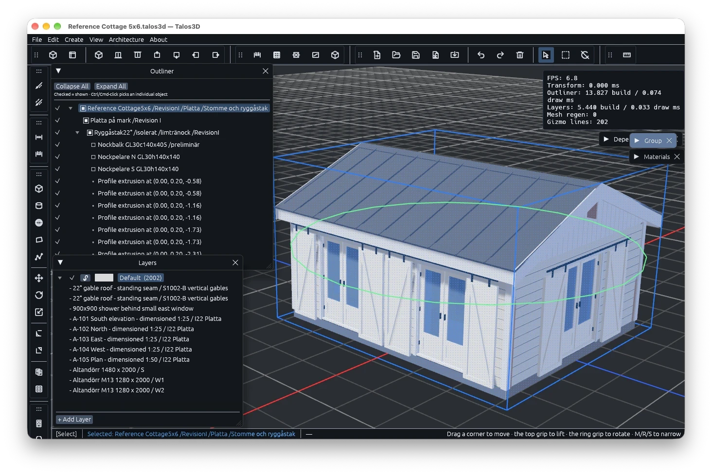 The Talos3D app with the Reference Cottage open: the 3D model on a grid, the outliner listing roof members such as the glulam ridge beam, and the layers panel listing each drawing sheet.