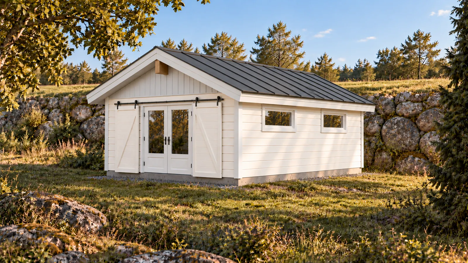 White timber cottage with a dark standing-seam roof seen from the southeast, a granite rock wall behind it.