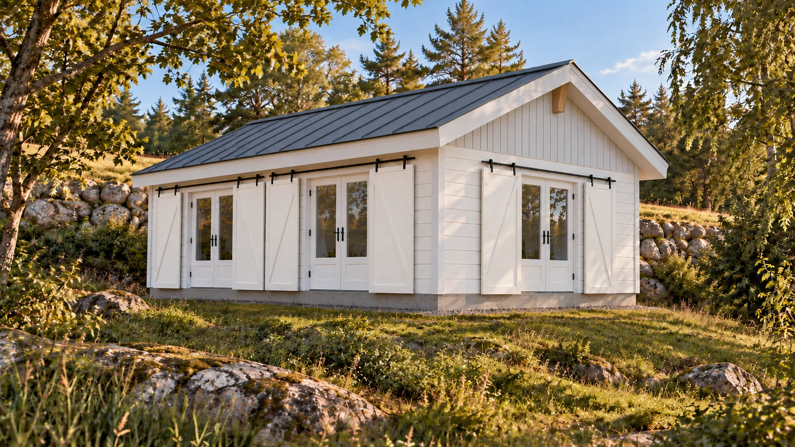 White timber cottage with a dark standing-seam roof, two pairs of patio doors and sliding shutters, in a Swedish lakeside meadow.