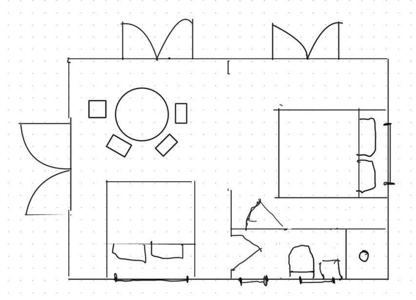 Hand-drawn floor plan sketch.